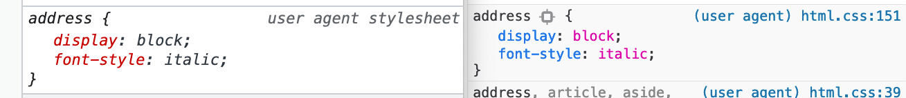 Estilos por defecto aplicados a la etiqueta HTML address